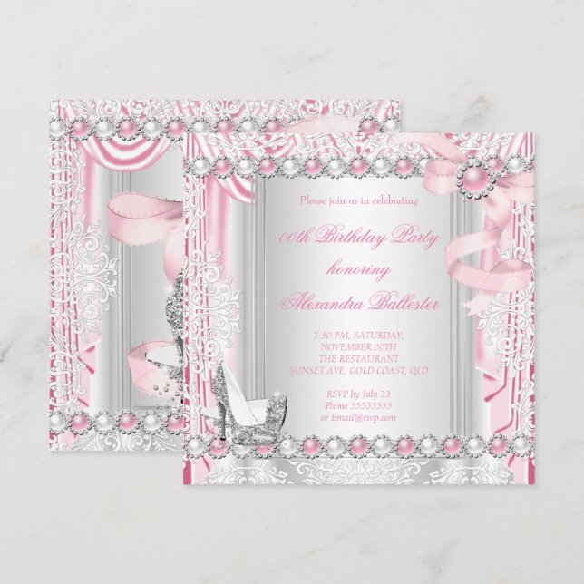 Hübsch-rosa-silberne High Heels Pearl Bow Geburtst Einladung (Vorne/Hinten)