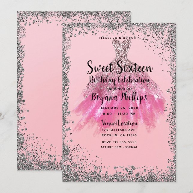 Hübsch rosa Silver Glitzer Party Kleid Sweet 16 Einladung (Vorne/Hinten)