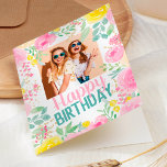 Hübsch rosa Sommer florale Geburtstagsgeschenk Fot Karte<br><div class="desc">Eine mädchenhafte,  moderne pastellrosa,  türkisfarbene und staubblaue Aquarell Geburtstagskarte,  mit vergoldeten Konfetti aus Glitzer und hübsch bemalten Rose,  Blume aus dem Sommer und Blätter aus Blattgrün... </div>