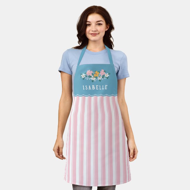 Hübsch rosa Streifen Blaue gelbe Blüten Schürze (Getragen)