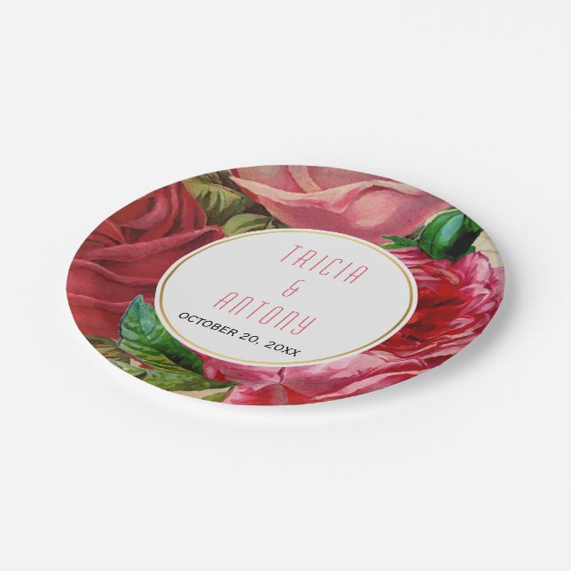 Hübsch rosa Vintage Rose Blumenhochzeit Pappteller (Schrägansicht)