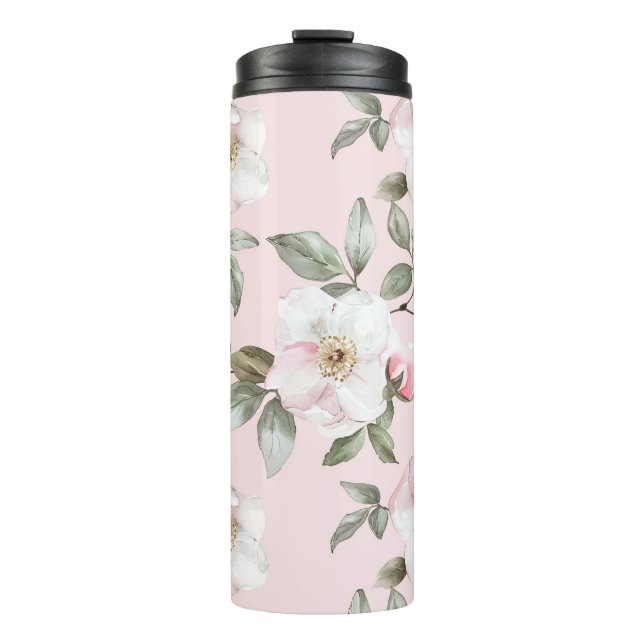 Hübsch rosa weiße Blume Thermosbecher (Vorderseite)