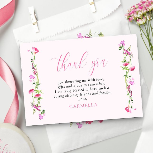 Hübsch rosa Wildblume Delikatessen Dankeskarte (Pretty pink thank you cards with pink calligraphy from my Pink Wildflower Bridal Shower collection)