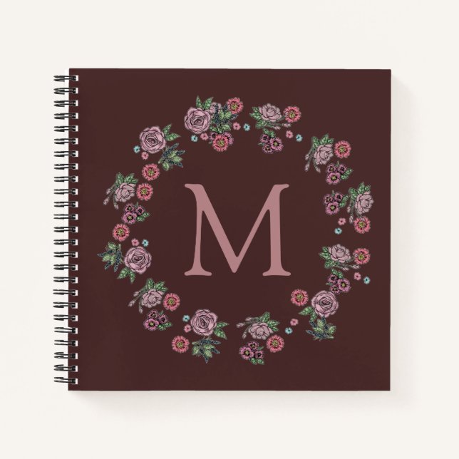 Hübsch-Rosenbrauen-Kraut-Monogramm-Burgund Notizbuch (Vorderseite)