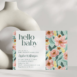 Hübsch Sage Green Pink Floral Hallo Baby Dusche Einladung