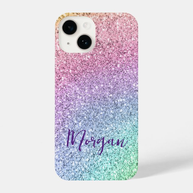 Hübsch schimmernder Regenbogen-Glitzer Personalisi iPhone 14 Hülle (Rückseite)