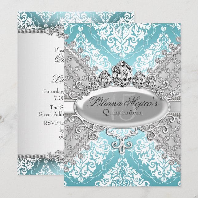 Hübsch Silver Blue Damask & Tiara Quinceanera Einladung (Vorne/Hinten)