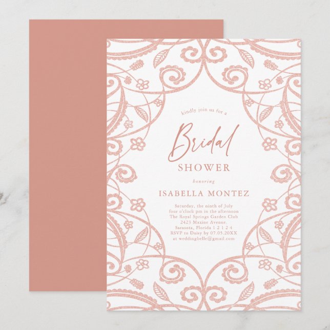 Hübsch Soft Rose Gold Floral Lace Brautparty Einladung (Vorne/Hinten)
