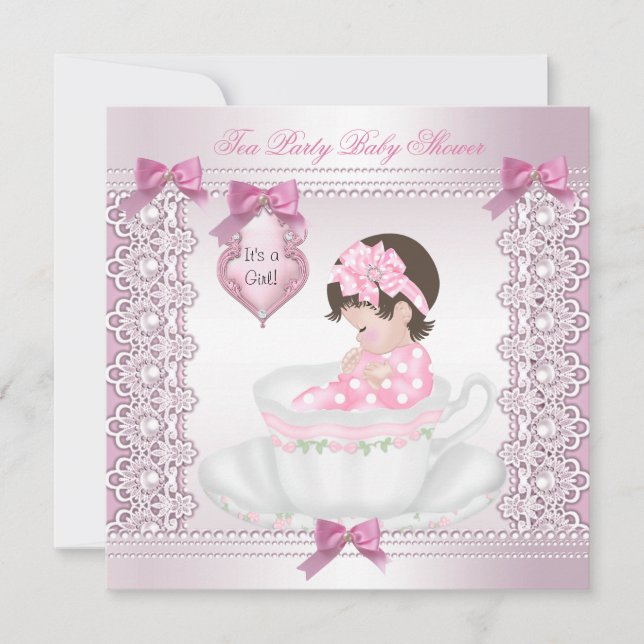 Hübsch Tee Party Babydusche Niedlich Girl Pink Einladung (Vorderseite)