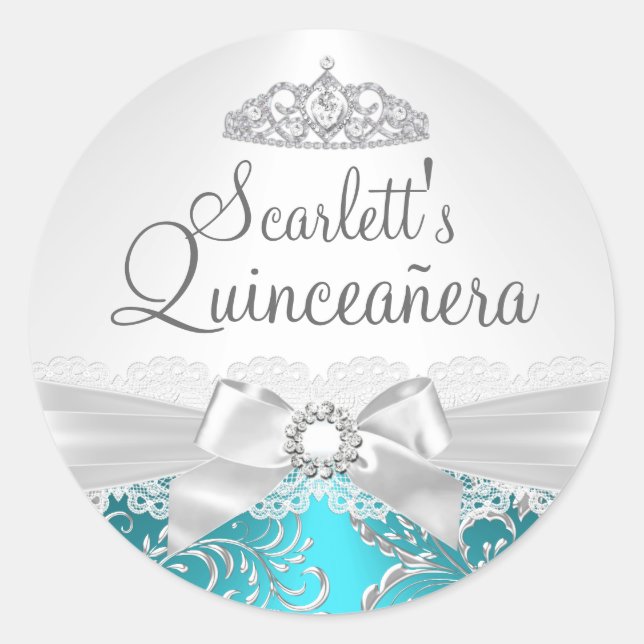 Hübsch Tiara & Bow Aquamarin Quinceanera Sticker (Vorderseite)