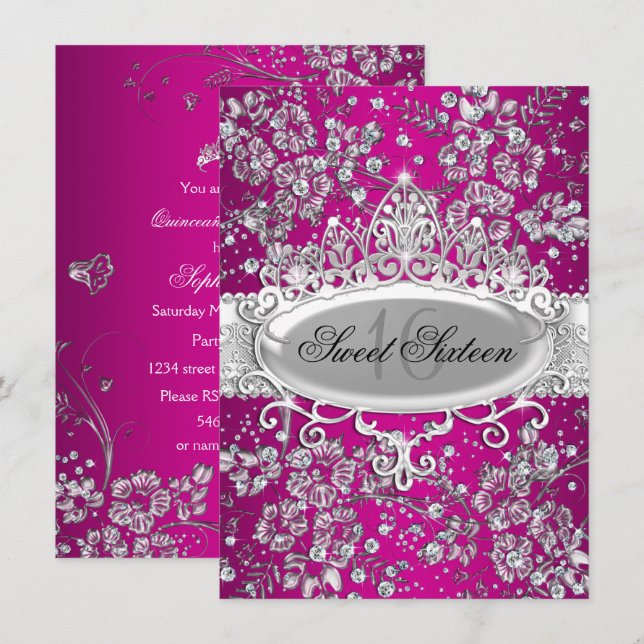 Hübsch Tiara Sparkle Blume Rosa Sweet 16 Party Einladung (Vorne/Hinten)