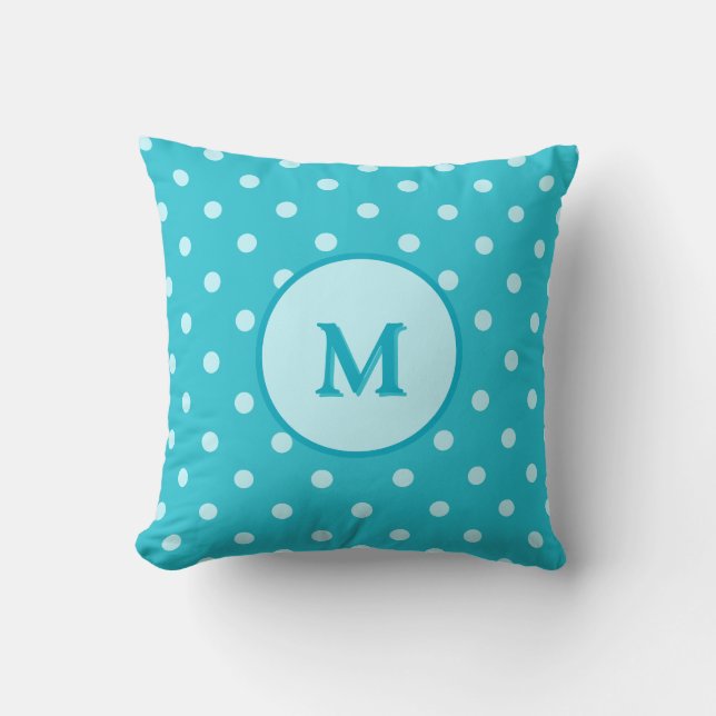 Hübsch Türkisblaue Polka-Punktmuster Monogramm Kissen (Vorderseite)
