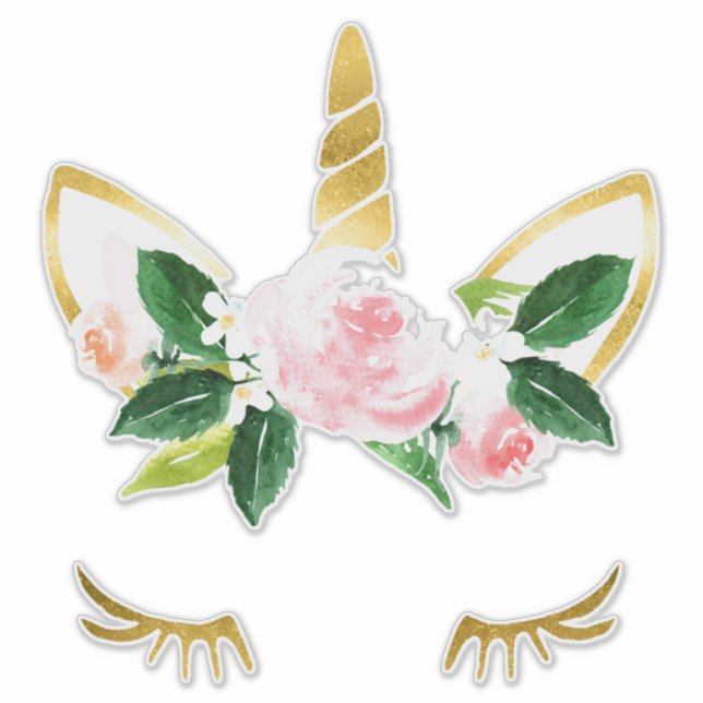 Hübsch Unicorn Lashes Weichrosa Roses Goldenes Hor Aufkleber (Vorderseite)