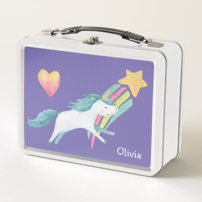 Hübsch Unicorn Rainbow Star Kinder Personalisiert Metall Brotdose (Vorderseite)