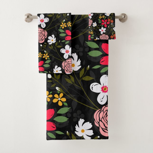 Hübsch-Weißrosa Bläserschwarze Pinselstriche Badhandtuch Set (Insitu)