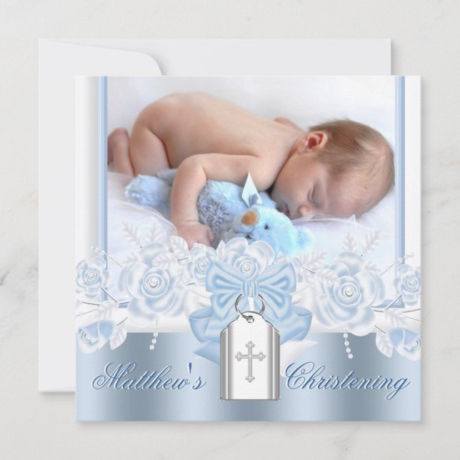 Hübsch White Cross Baby Blue Christening Einladung (Vorderseite)