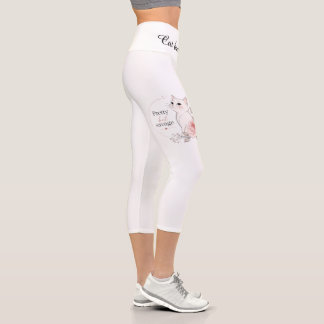 Hübsche aber wilde weiße Katze & rosa Rose Blumige Capri Leggings