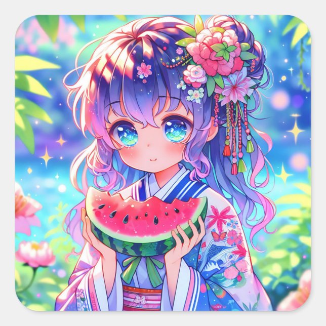 Hübsche Anime Girl Eating Quadratischer Aufkleber (Vorderseite)