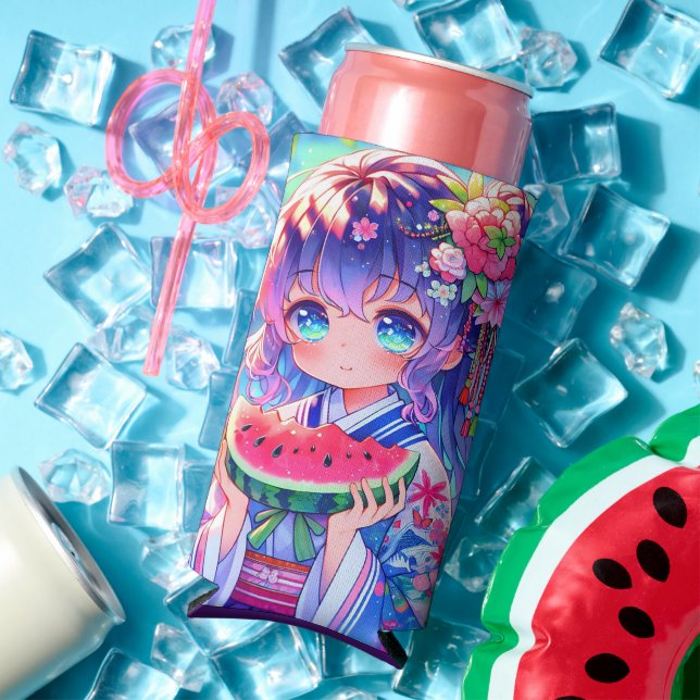Hübsche Anime Girl Eating Selters Dosenkühler (In Situ Sommer)