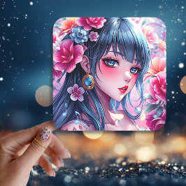 Hübsche Anime Girl mit blauen Augen Quadratischer Aufkleber