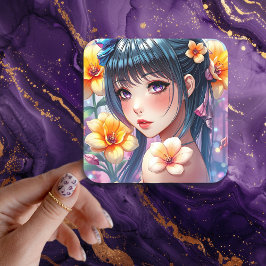 Hübsche Anime Girl mit Lila Augen Quadratischer Aufkleber