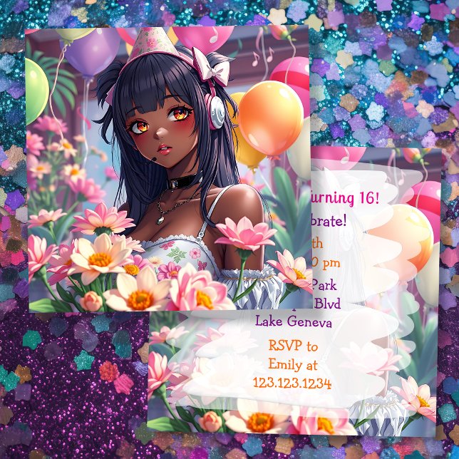 Hübsche Anime Girl of Color Personalisiert Geburts Einladung (Von Creator hochgeladen)