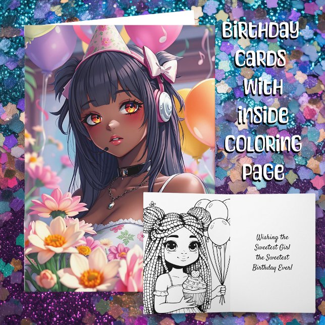 Hübsche Anime Girl of Color Personalisiert Geburts Karte (Von Creator hochgeladen)
