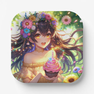Hübsche Anime Girl's Birthday Cupcake Pappteller