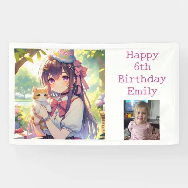 Hübsche Anime Holding Kitten Girl's Birthday Banner (Horizontal)