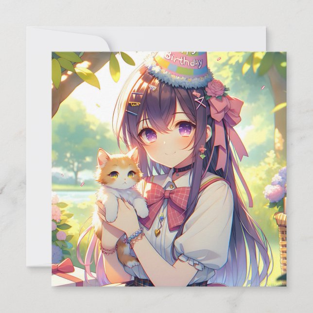 Hübsche Anime Holding Kitten Girl's Birthday Einladung (Vorderseite)