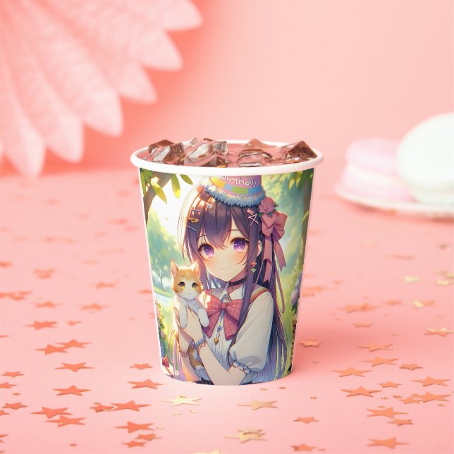 Hübsche Anime Holding Kitten Girl's Birthday Pappbecher (Insitu)