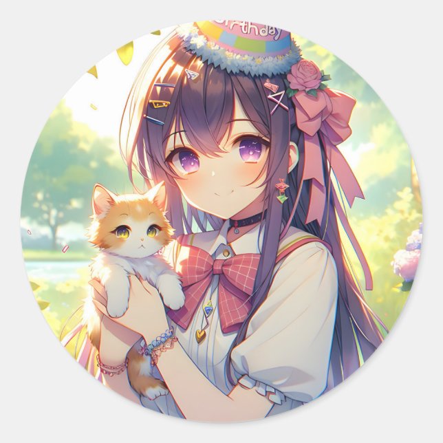 Hübsche Anime Holding Kitten Girl's Birthday Runder Aufkleber (Vorderseite)