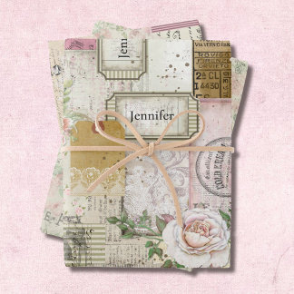 Hübsche antike Collage Add Name & Secret Message 3 Geschenkpapier Set