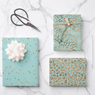 Hübsche Aqua Mint Gold Sparkle Dots Leopard Geschenkpapier Set