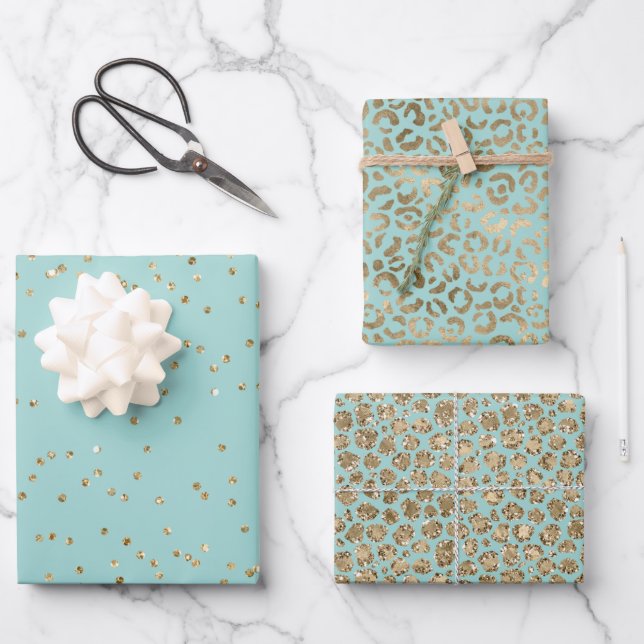 Hübsche Aqua Mint Gold Sparkle Dots Leopard     Geschenkpapier Set (Vorderseite)