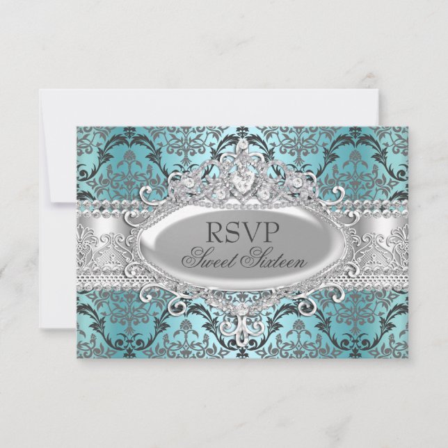 Hübsche Aquamarin- & SilberDamaske Sweet 16 UAWG RSVP Karte (Vorderseite)