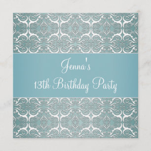 Hübsche Aquamarine Blue Damask 13. Geburtstagspart Einladung