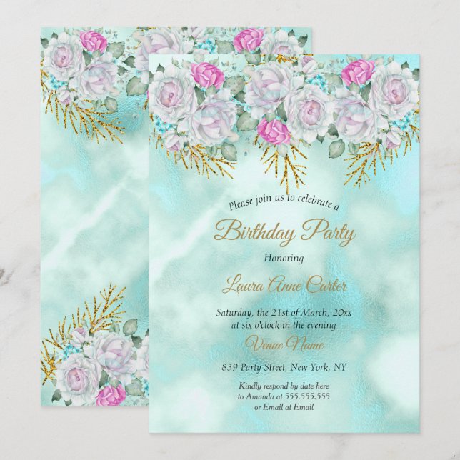 Hübsche Aquamarine Blue Gold Floral Pink Geburtsta Einladung (Vorne/Hinten)