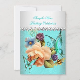 Hübsche Aquamarine Peach Rose Butterfly Geburtstag Einladung