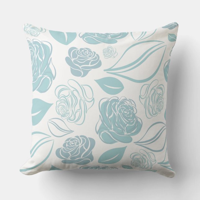 Hübsche Aquamarine Rosen und Blätter Kissen (Vorderseite)