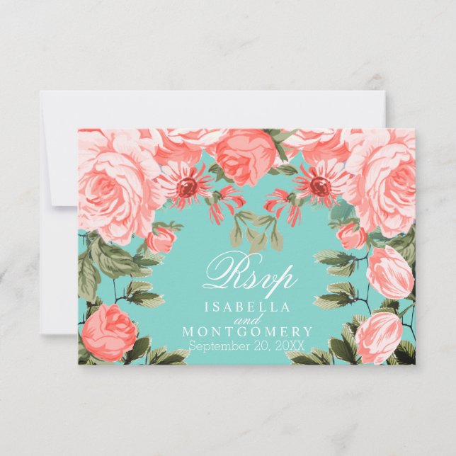 Hübsche Aquamarine und korallenflorale Gestaltung  RSVP Karte (Vorderseite)