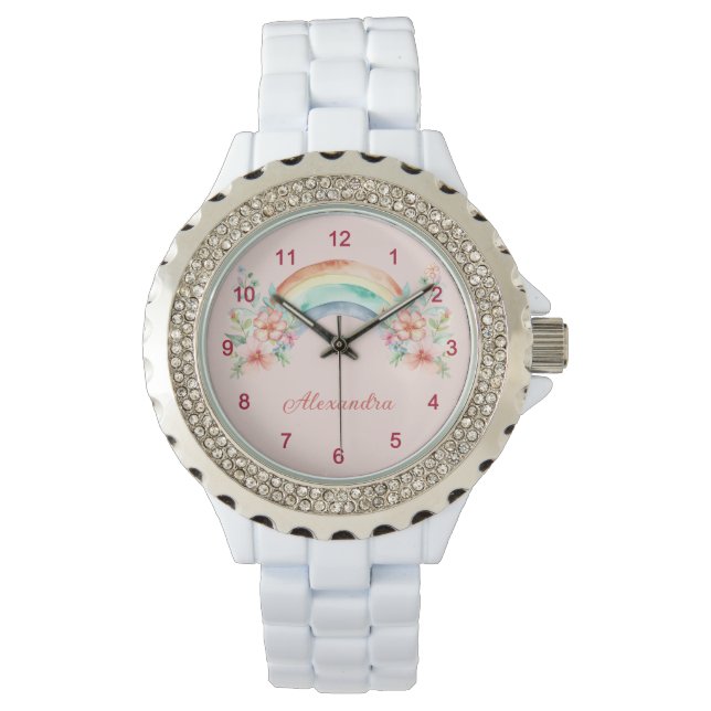Hübsche Aquarell-Blume und Regenbogen Armbanduhr (Vorderseite)