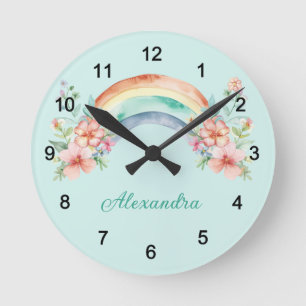 Hübsche Aquarell-Blume und Regenbogen Runde Wanduhr