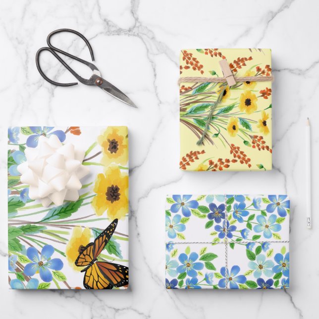 Hübsche Aquarellblauen und gelbe Blumen Geschenkpapier Set (Vorderseite)