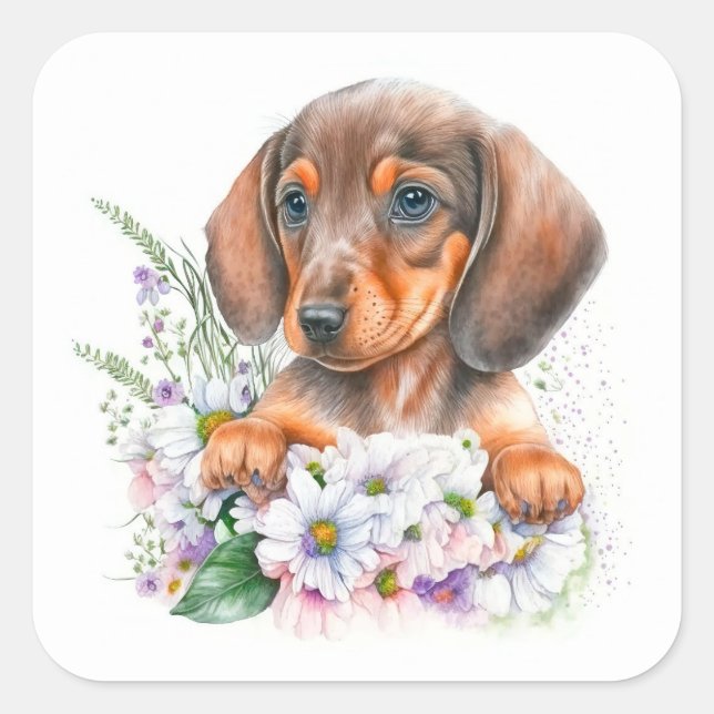 Hübsche Aquarellblume Dackel Welpenhund Quadratischer Aufkleber (Vorderseite)