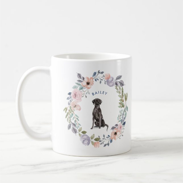 Hübsche Aquarellblume | Schwarzer Lab Hund Kaffeetasse (Links)