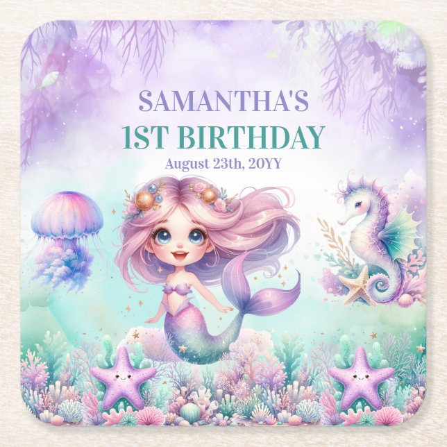 Hübsche Aquarellfarbe Meerjungfrau lila aquamarin Rechteckiger Pappuntersetzer (Vorderseite)