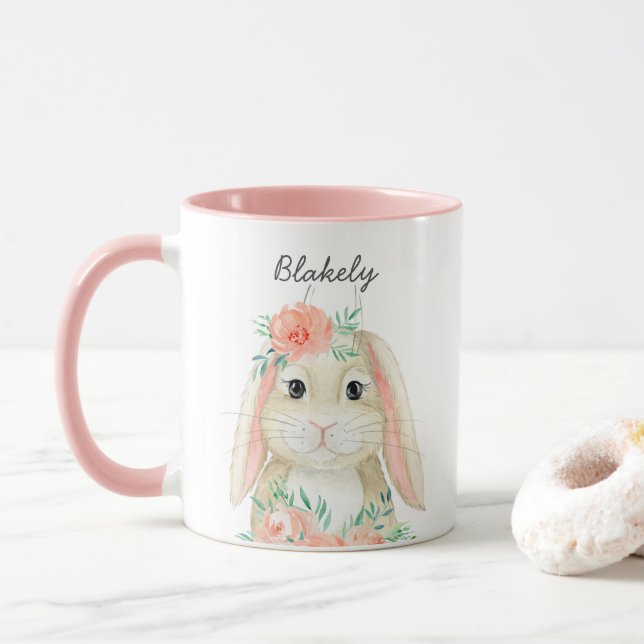 Hübsche Aquarellfarbe Osterhase Name Tasse (Mit Donut)