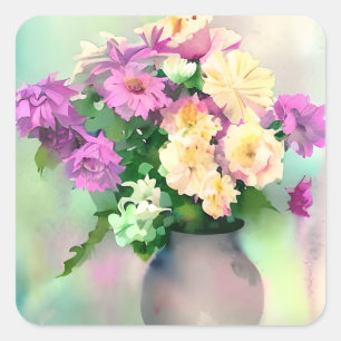 Hübsche Aquarellfarben-Blume in Vase Quadratischer Aufkleber