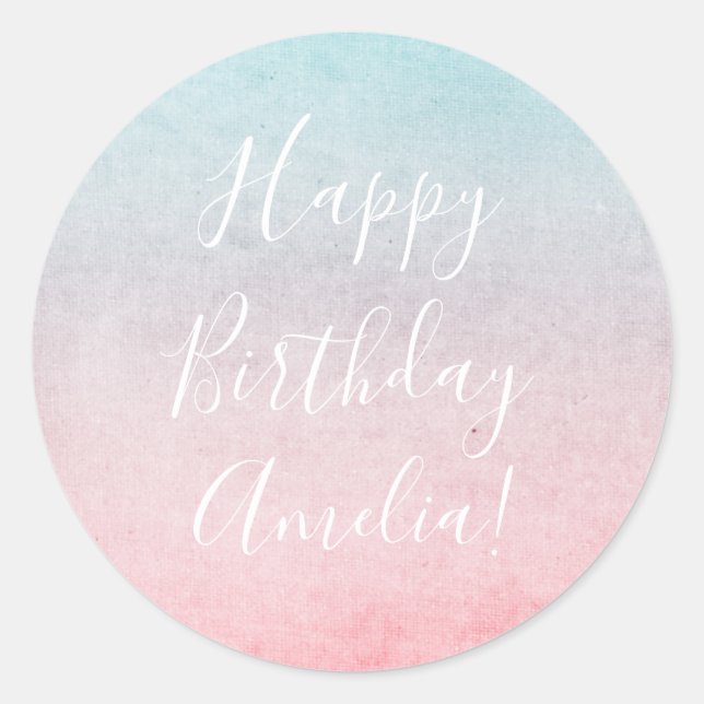 Hübsche Aquarellfarben Happy Geburtsname Aqua Runder Aufkleber (Vorderseite)